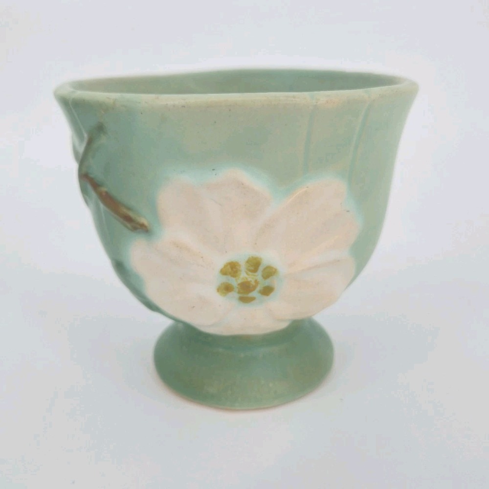 Vintage Weller Pottery Dogwood Flower Aqua Green Footed Vase Planter 4 In. Deco